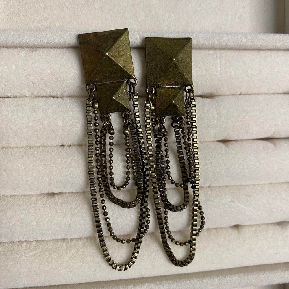 MIA Collection Antique Goldtone Pyramid Stud Layered Chain Fringe Dangle Earring